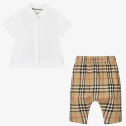 Baby Boys Beige Check Cotton Trouser Set