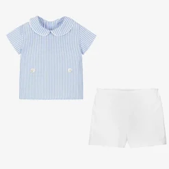 Baby Boys Blue & White Linen Buster Suit