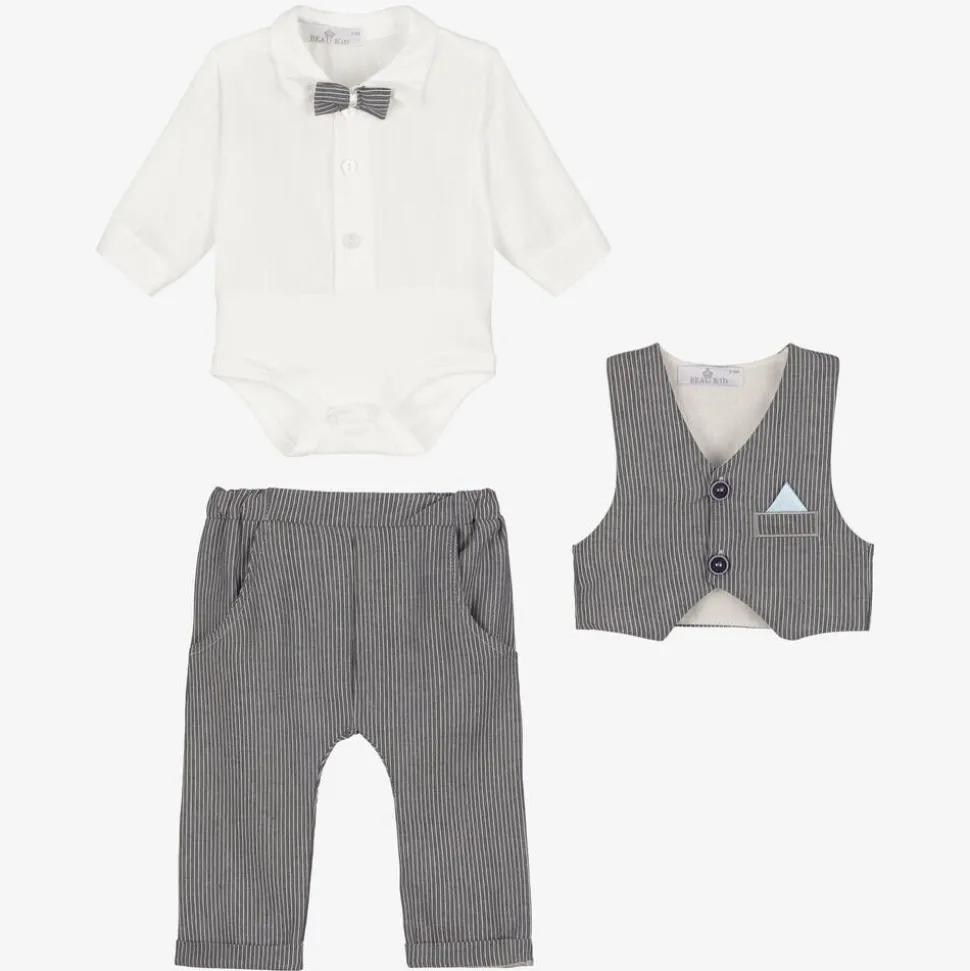Baby Boys Grey & White Cotton Trouser Set