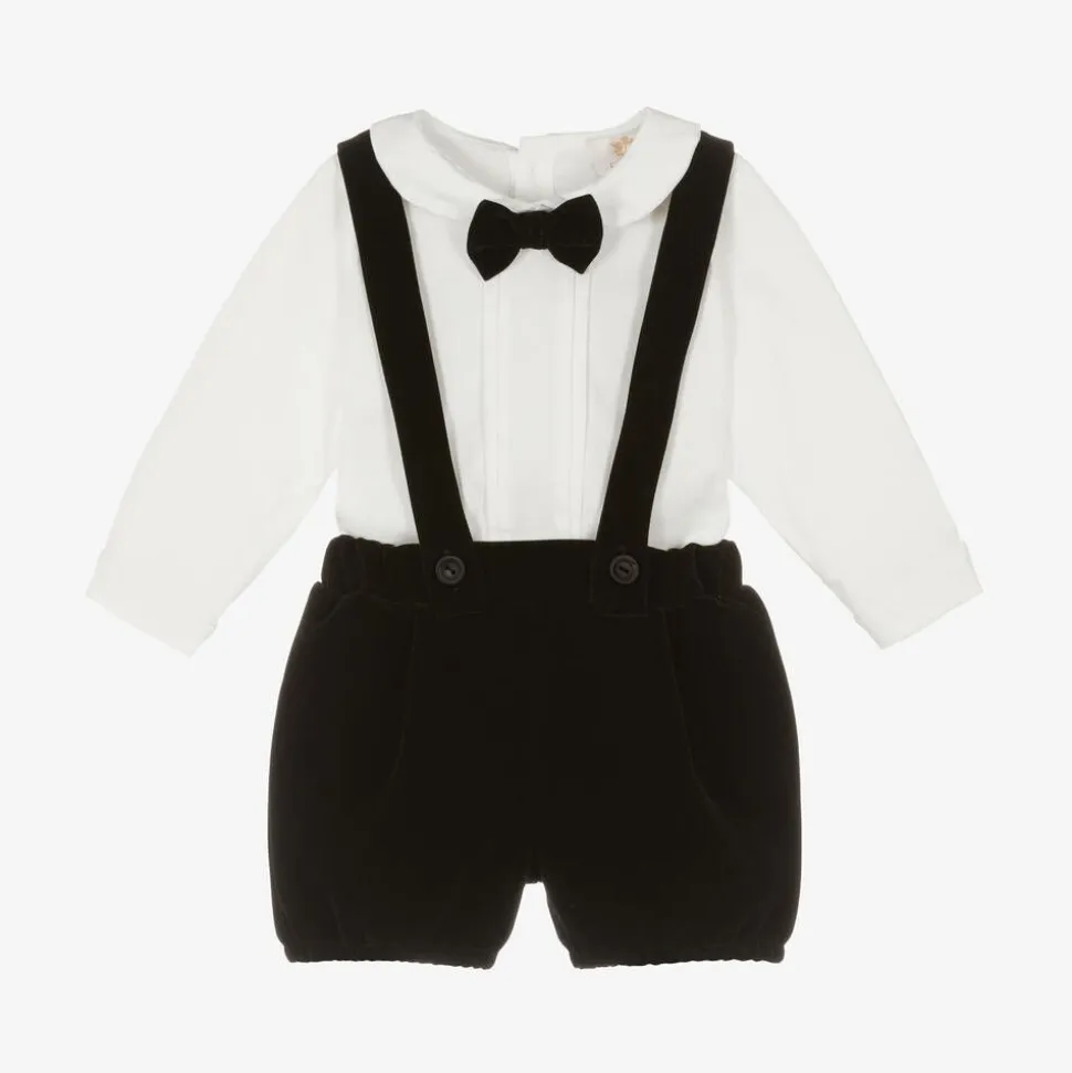Baby Boys Ivory & Black Velvet Shorts Set