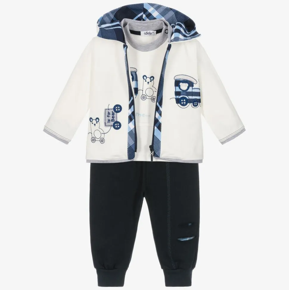 Baby Boys White & Blue Cotton Tracksuit Set