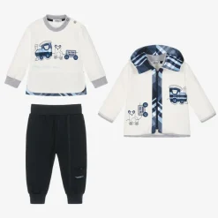 Baby Boys White & Blue Cotton Tracksuit Set
