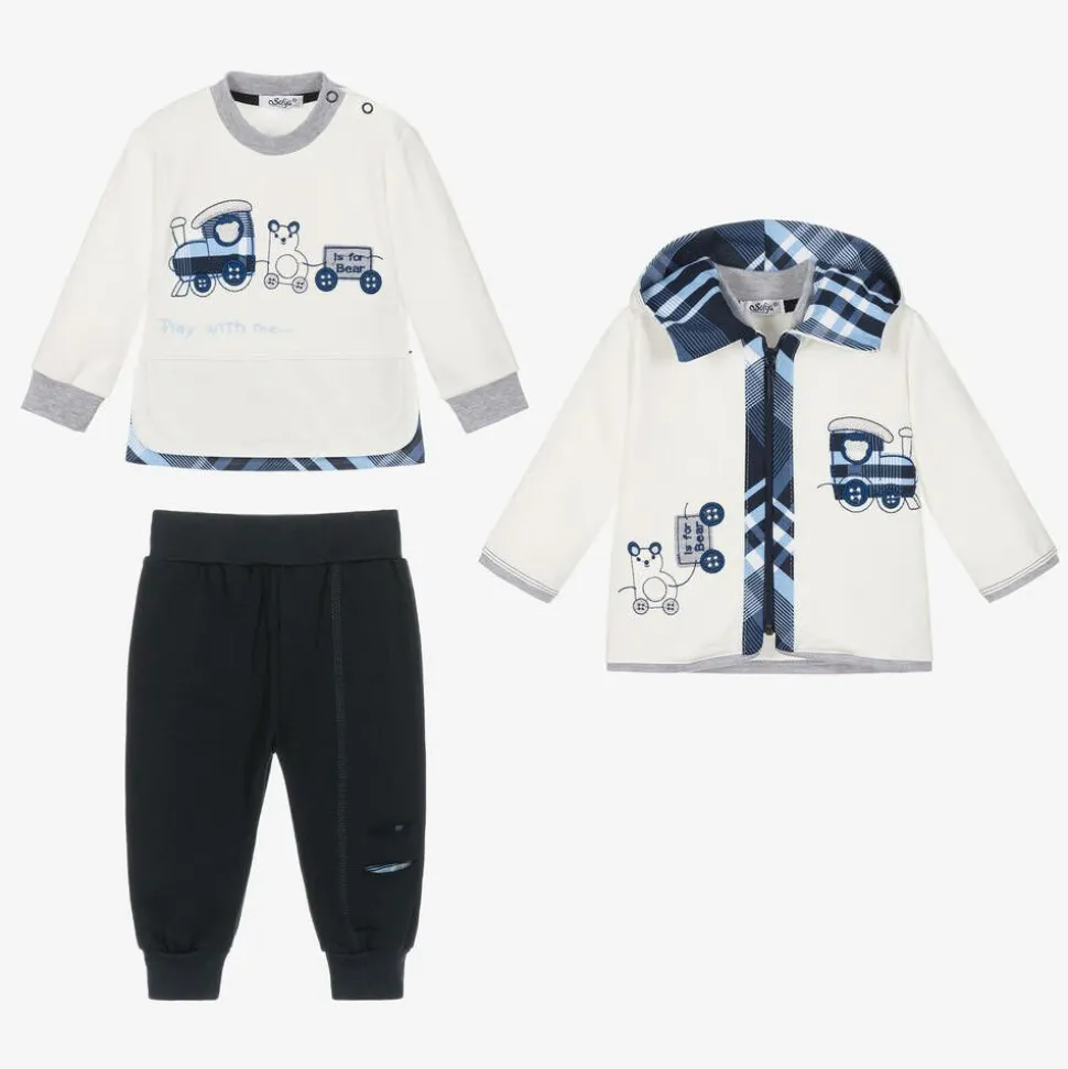 Baby Boys White & Blue Cotton Tracksuit Set