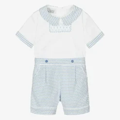 Baby Boys White & Blue Cotton Buster Suit