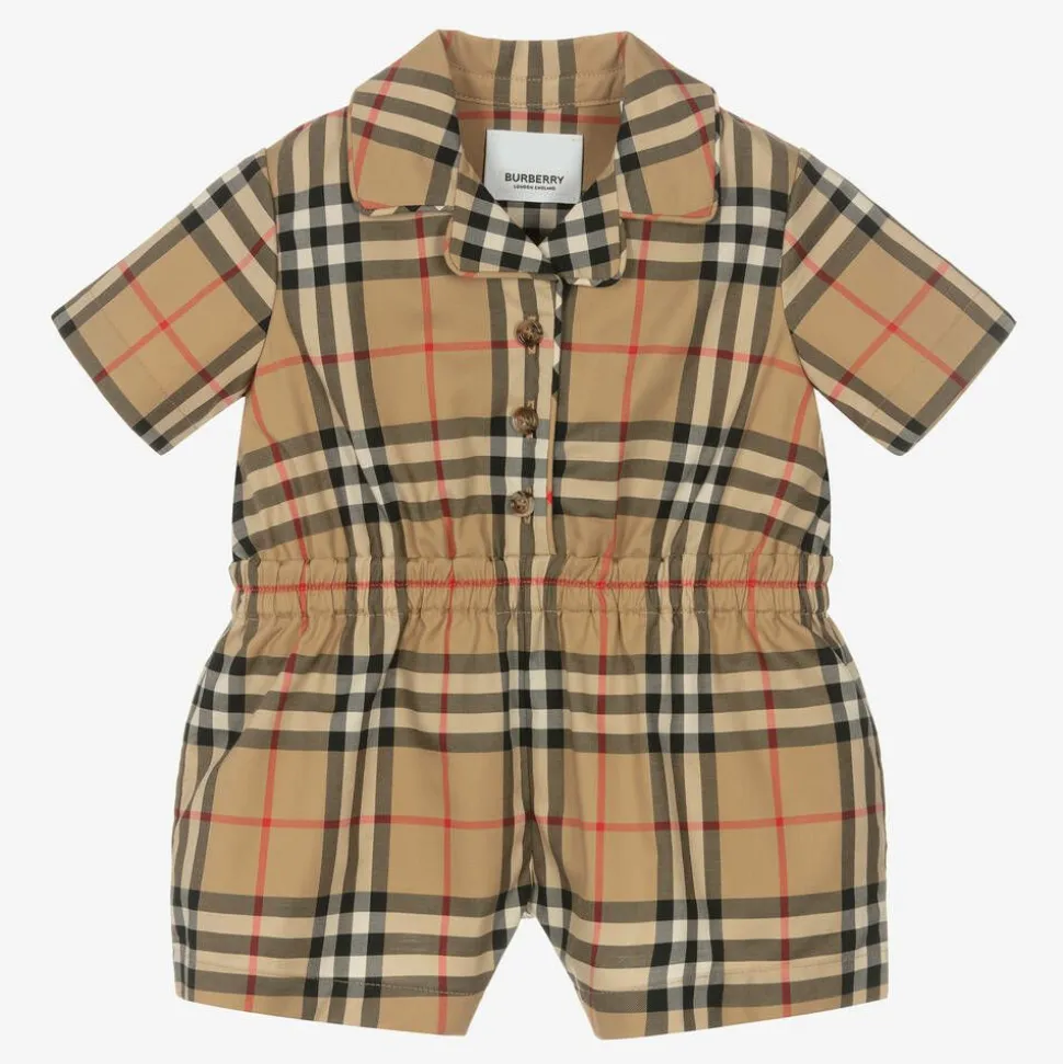 Baby Girls Beige Check Cotton Playsuit