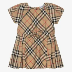 Baby Girls Beige Cotton Check Bow Dress