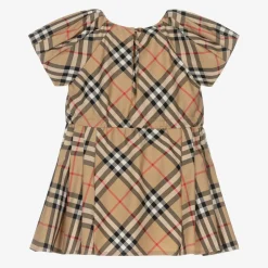 Baby Girls Beige Cotton Check Bow Dress