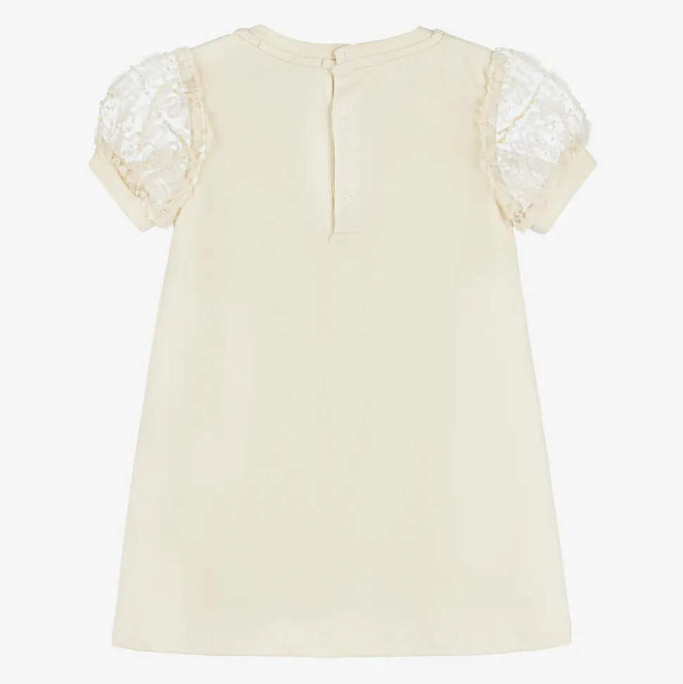 Baby Girls Beige Cotton Puff Sleeve Dress
