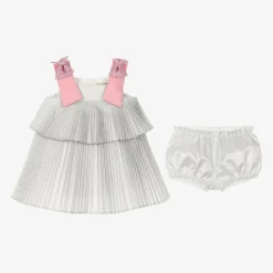 Baby Girls Glittery Silver Pleated Dress