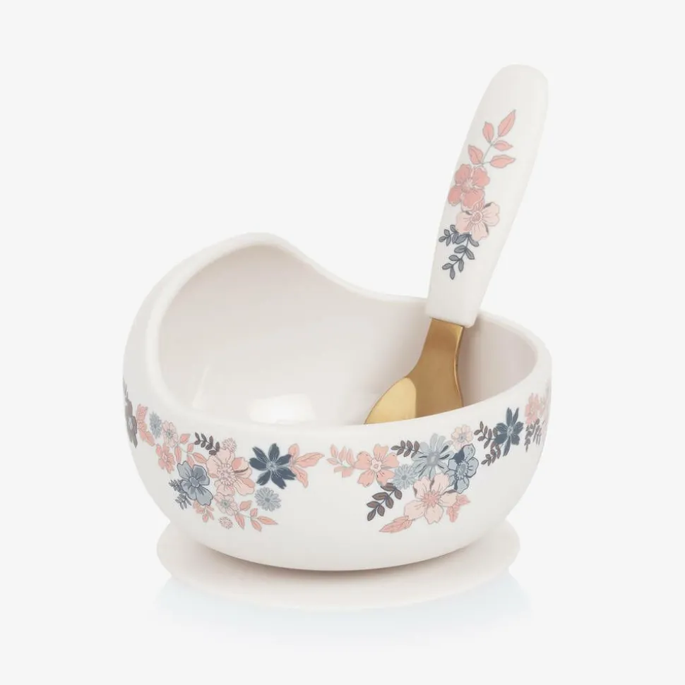 Baby Girls Ivory Floral Feeding Bowl & Spoon Set