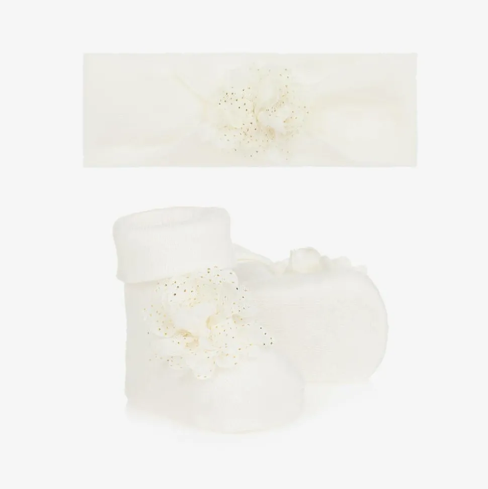 Baby Girls Ivory Headband & Booties Set