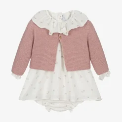 Baby Girls Pink & Ivory Bird Print Cotton Dress Set