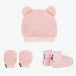 Baby Girls Pink Fleece Hat & Booties Set