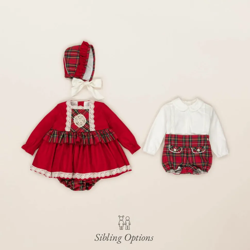 Baby Girls Red Cotton Tartan Dress Set