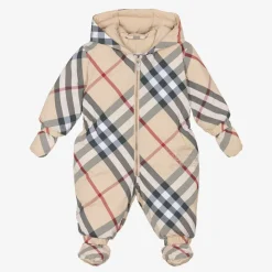 Beige Check Down Padded Baby Snowsuit