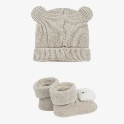 Beige Cotton Bear Baby Hat Set