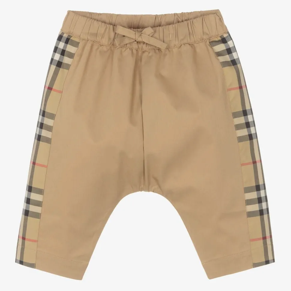 Beige Cotton Checked Baby Trousers