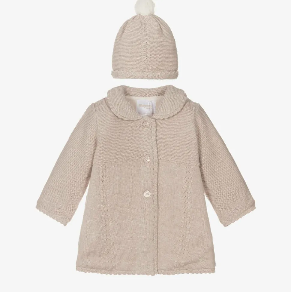 Beige Knitted Cotton Pram Coat & Hat Set