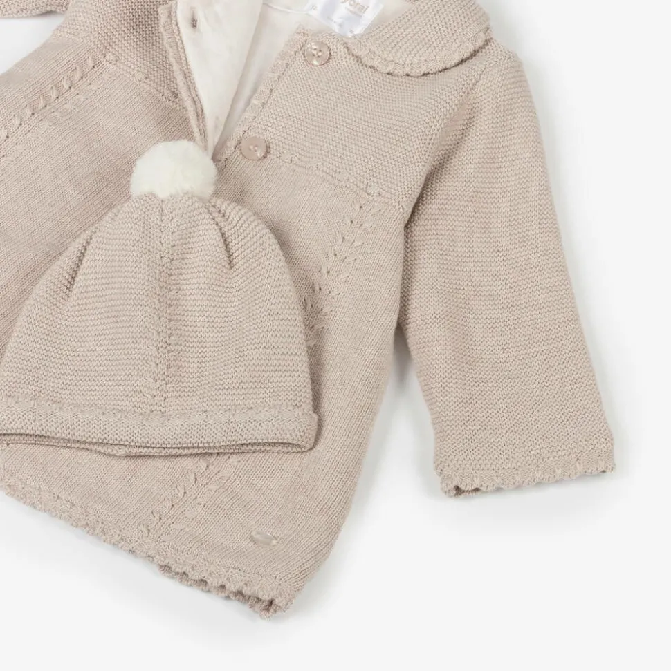 Beige Knitted Cotton Pram Coat & Hat Set