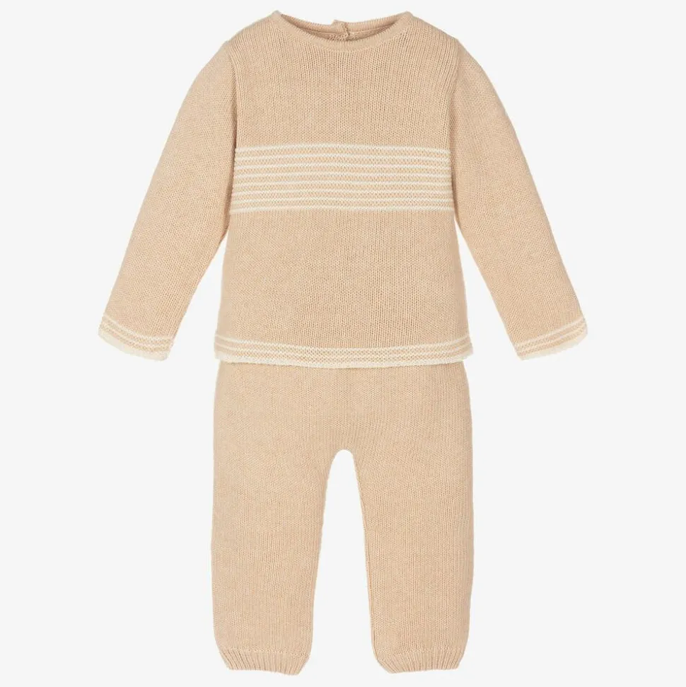 Beige Knitted Cotton Trouser Set