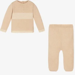 Beige Knitted Cotton Trouser Set