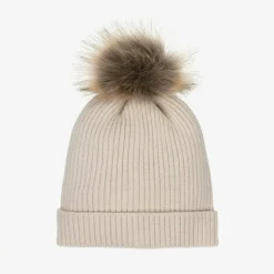 Beige Knitted Pom-Pom Hat