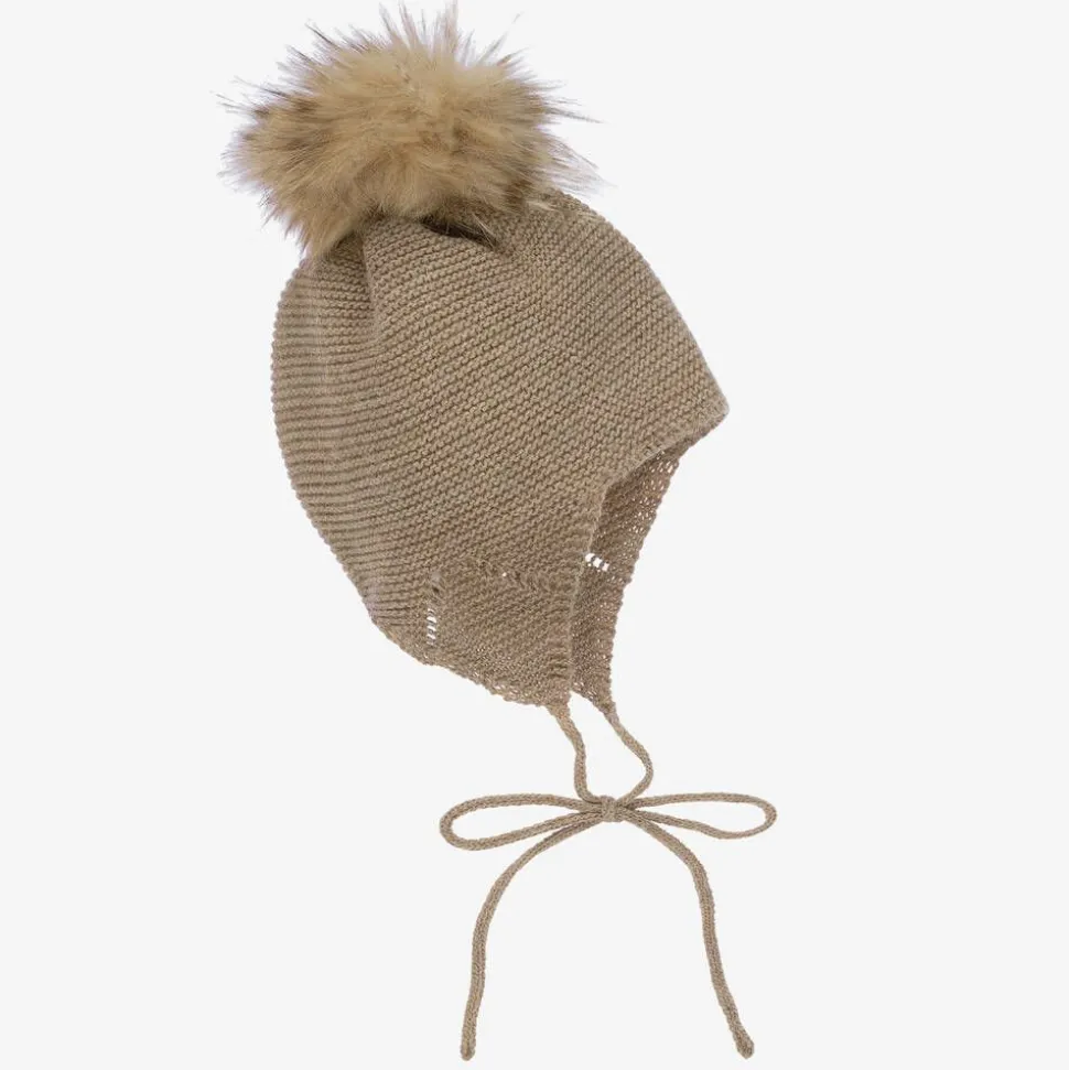Beige Knitted Wool & Alpaca Pom-Pom Hat
