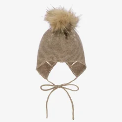 Beige Knitted Wool & Alpaca Pom-Pom Hat