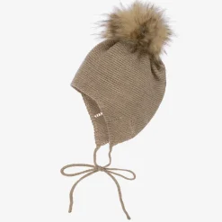 Beige Knitted Wool & Alpaca Pom-Pom Hat