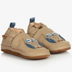 Beige Leather Owl Slippers