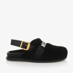 Black Sherpa Fleece & Leather Mules