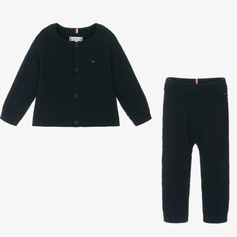 Blue Cotton & Wool Knit Baby Trouser Set