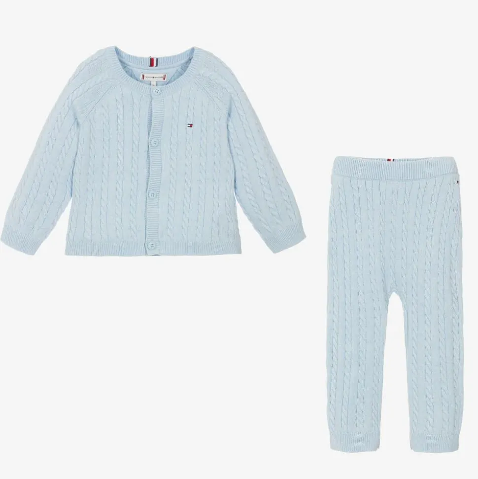 Blue Cotton & Wool Knit Baby Trouser Set