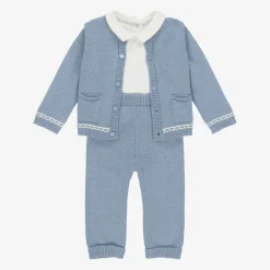 Blue Cotton & Wool Knit Baby Trouser Set