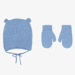 Blue Cotton Bear Hat & Mittens Set