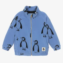 Blue Penguin Print Zip-Up Fleece Top
