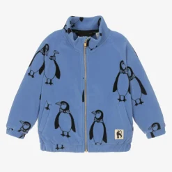 Blue Penguin Print Zip-Up Fleece Top