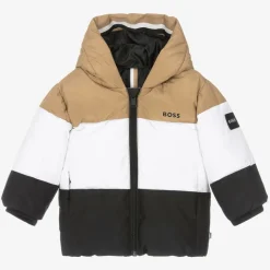 Boys Beige & Black Stripe Hooded Coat