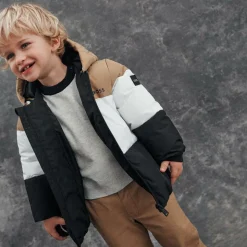Boys Beige & Black Stripe Hooded Coat