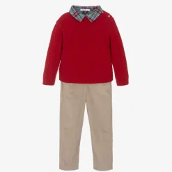 Boys Beige & Red Cotton Trouser Set