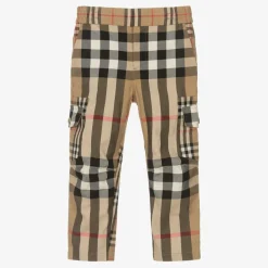 Boys Beige Cotton Check Cargo Trousers