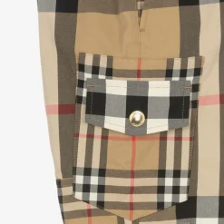 Boys Beige Cotton Check Cargo Trousers