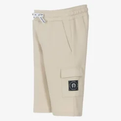 Boys Beige Cotton Piqué Cargo Shorts
