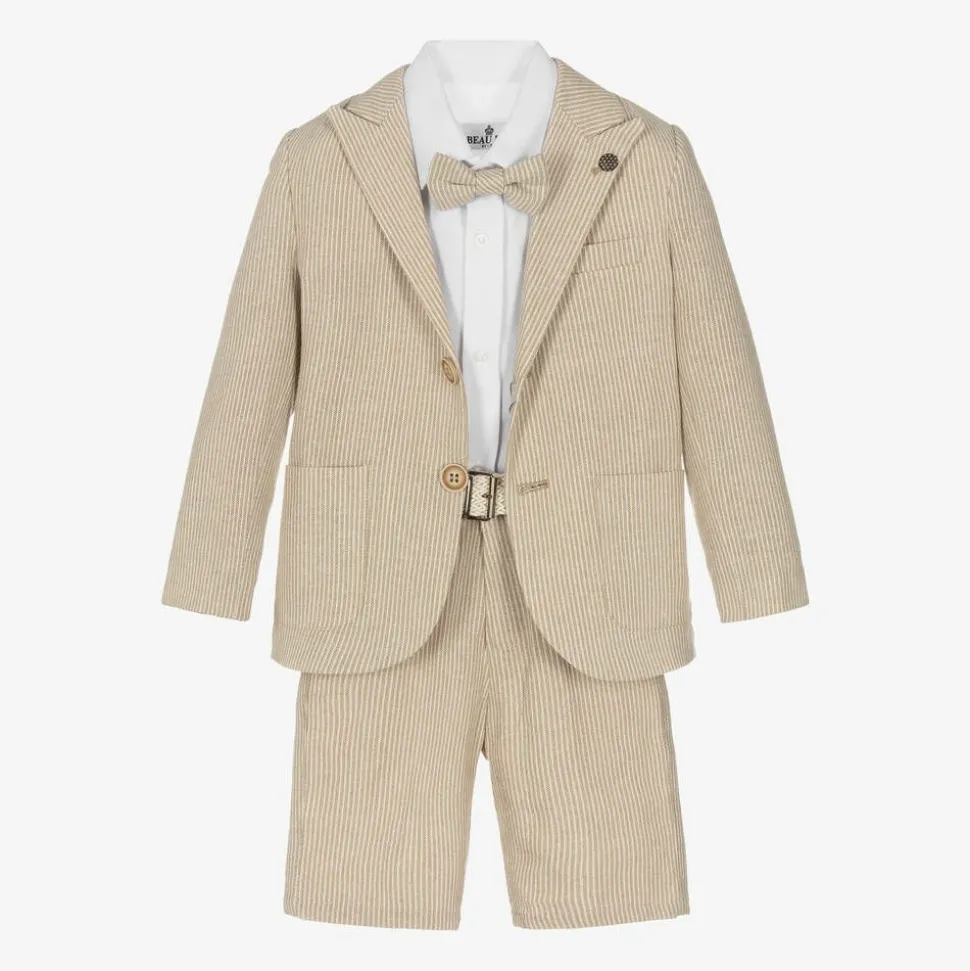 Boys Beige Cotton Stripe Shorts Suit