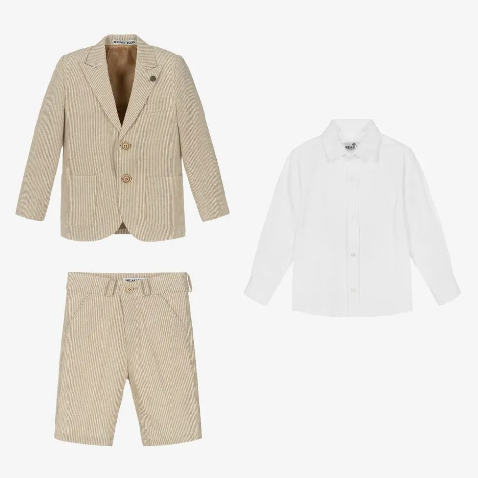 Boys Beige Cotton Stripe Shorts Suit
