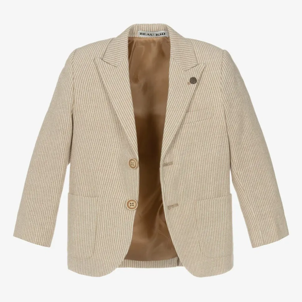 Boys Beige Cotton Stripe Shorts Suit