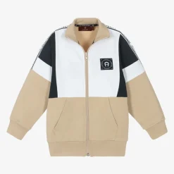 Boys Beige Cotton Zip-Up Top