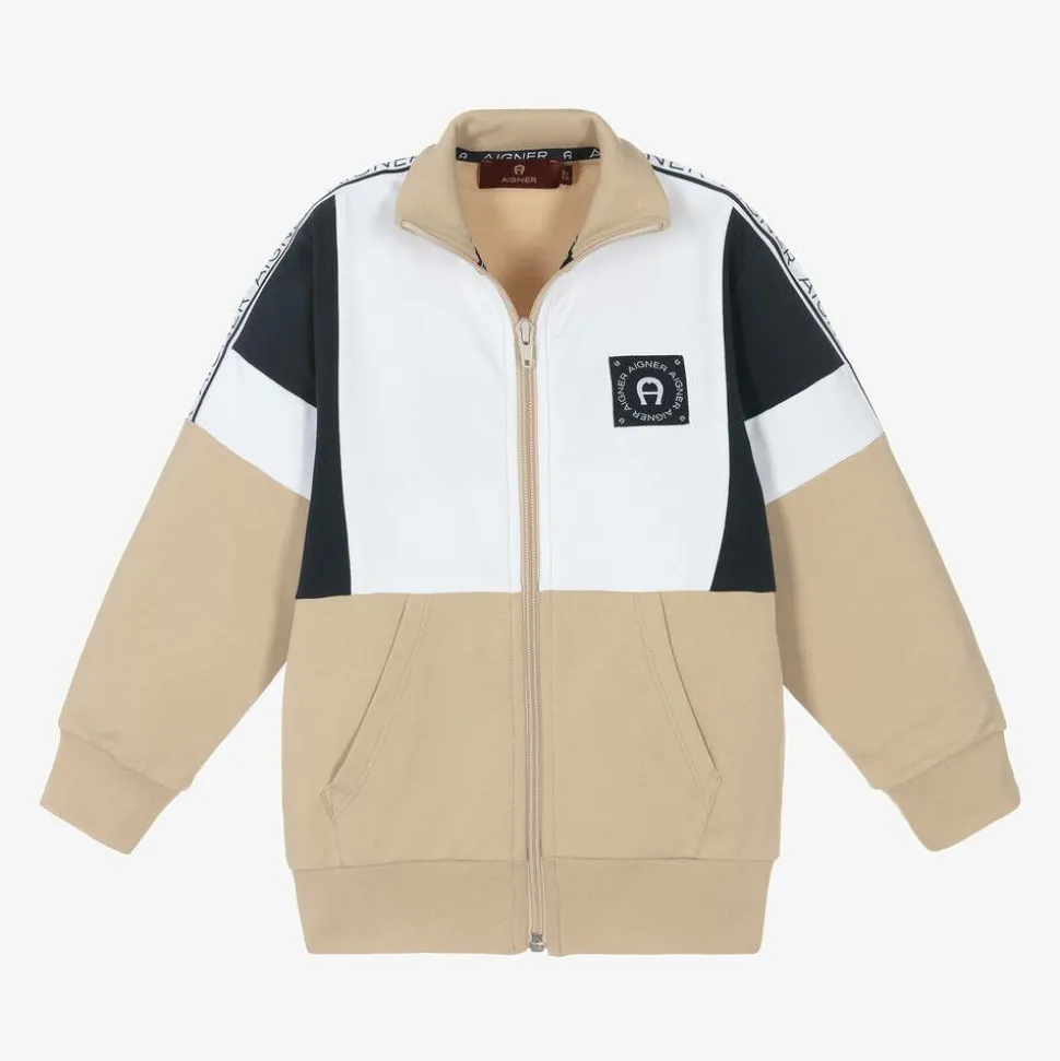 Boys Beige Cotton Zip-Up Top