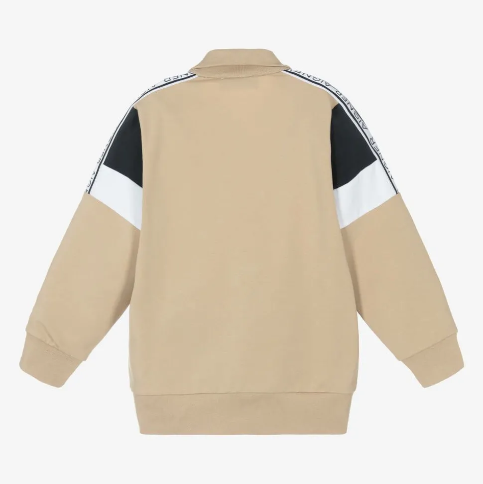 Boys Beige Cotton Zip-Up Top