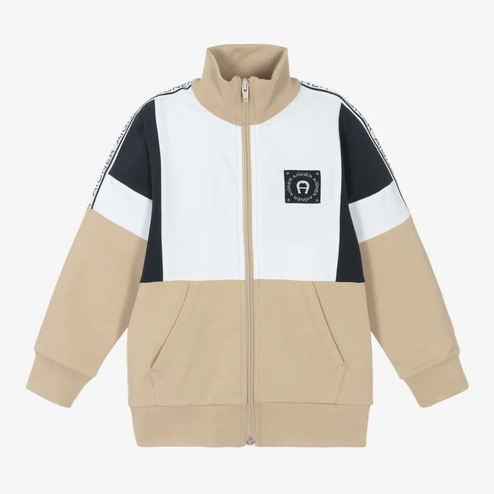Boys Beige Cotton Zip-Up Top
